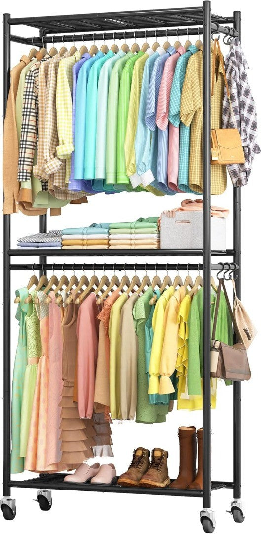 Mobile Clothes Rack with Double Rail & Shelves Black | Scope Online ...