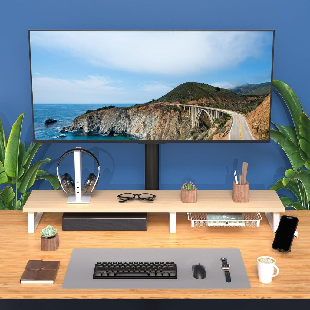 Dual Monitor Stand Riser Shelf with Wire Drawer White/Oak | Scope ...
