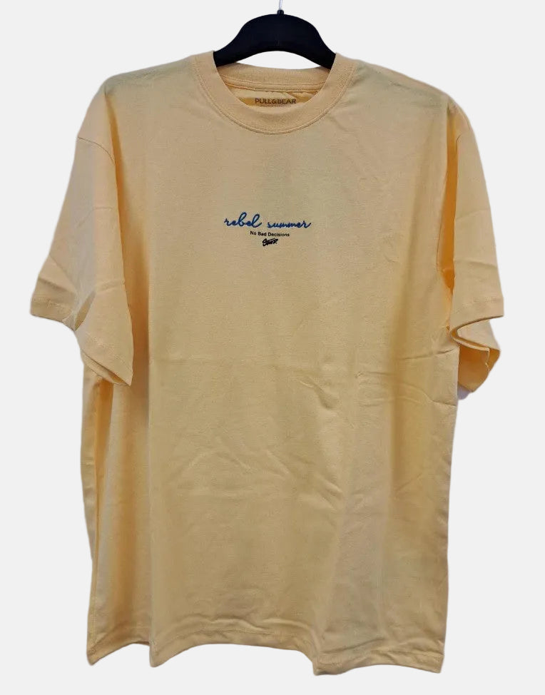 PULL & BEAR Rebel Summer Graphic Print T-Shirt L Yellow