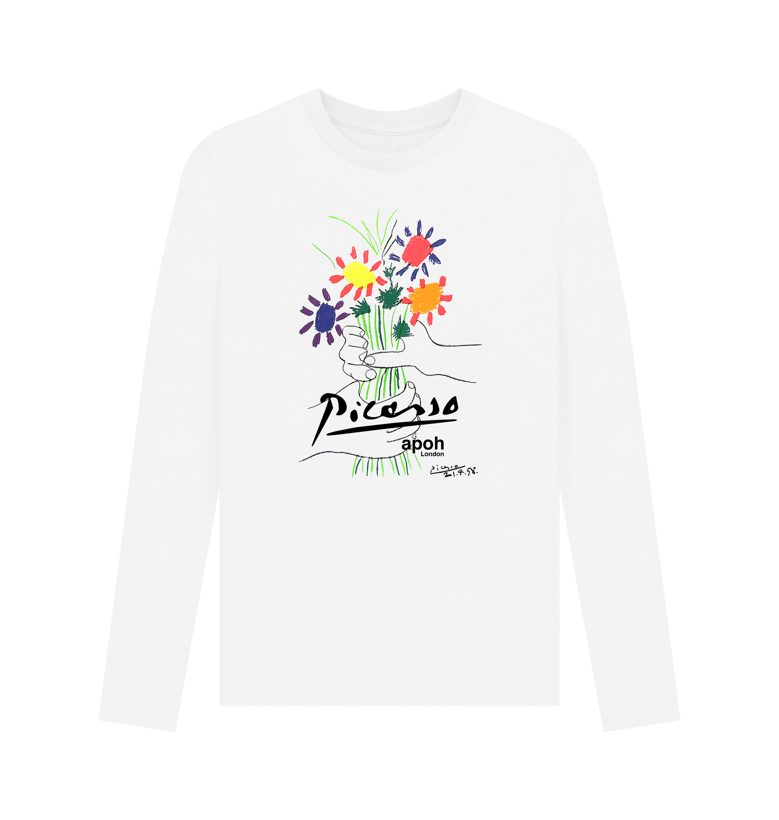 White Printed Long Sleeve T Shirt Front