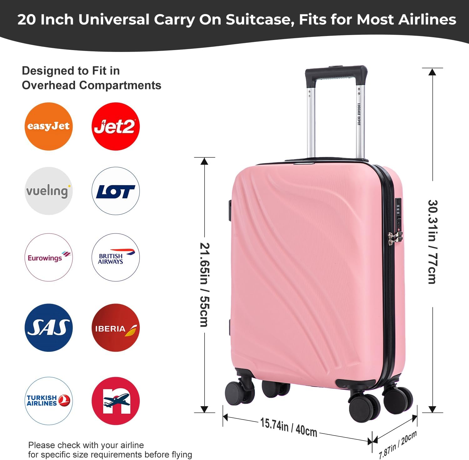 LUGGAGE DEPOT Carry-On Hard Shell Suitcase 20in Pink