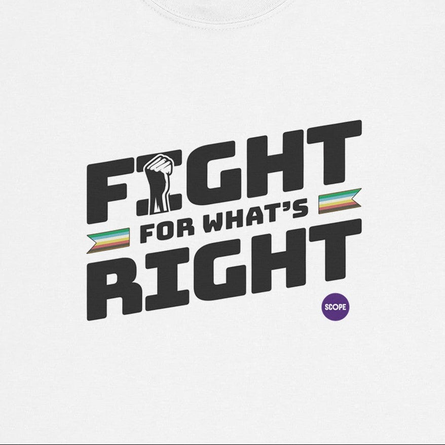 Close-up of the words Fight for What's Right in block capitals. The words slant up to the right and a picture of a fist sits inside the letter I. A small Scope logo sits underneath. 