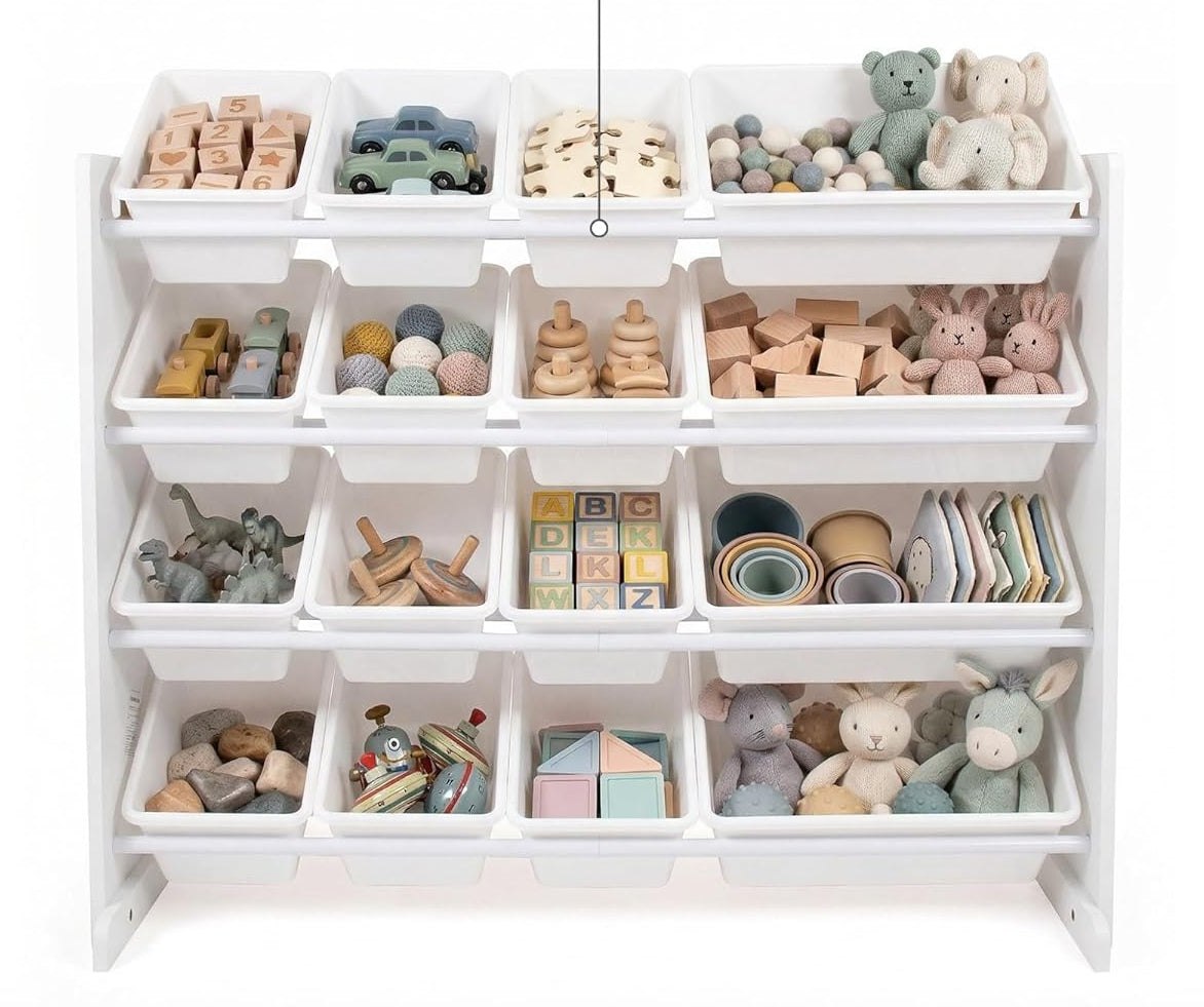 White toy storage shelf with various toys on a white background, emphasizing reinforced steel support.