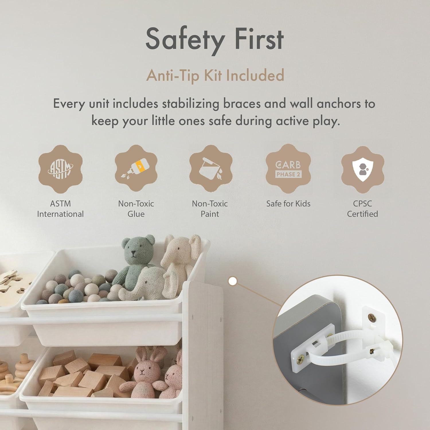 Safety product with anti-tip kit included, featuring a shelf with toys and a wall anchor.