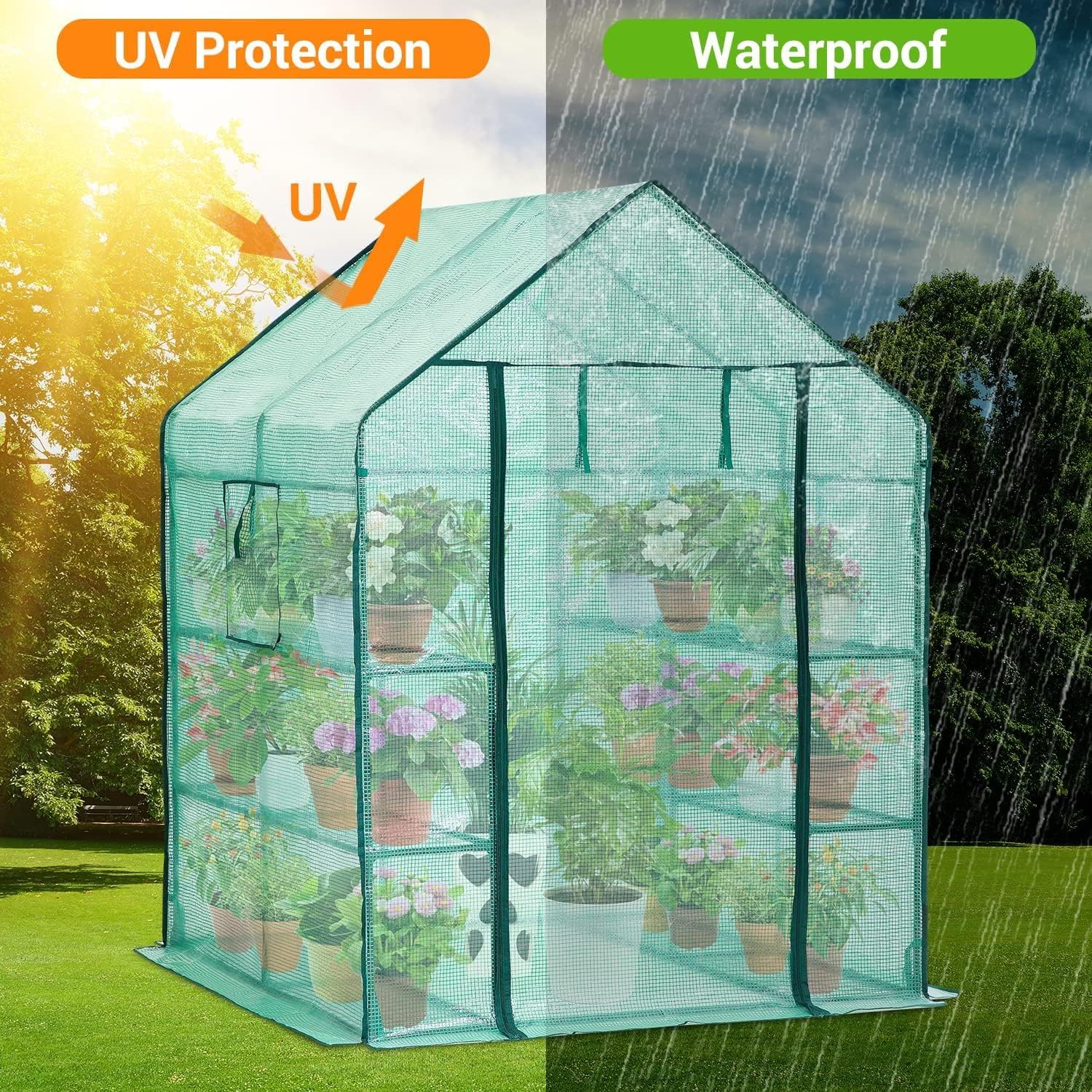 Walk-In Greenhouse with Shelves & Mesh Cover