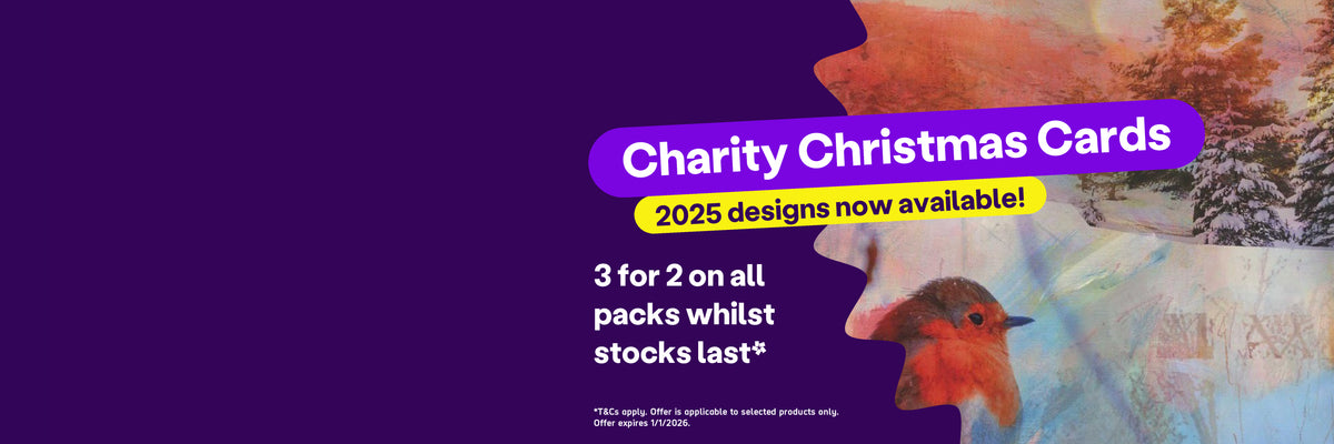 A dark purple banner. It features a painting of a Robin in a snowy field. The text reads: "Charity Christmas Cards, 2025 designs now available! 3 for 2 on all packs whilst stocks last. T&Cs apply. Offer is applicable to selected products only. Offer expires 1/1/2026."