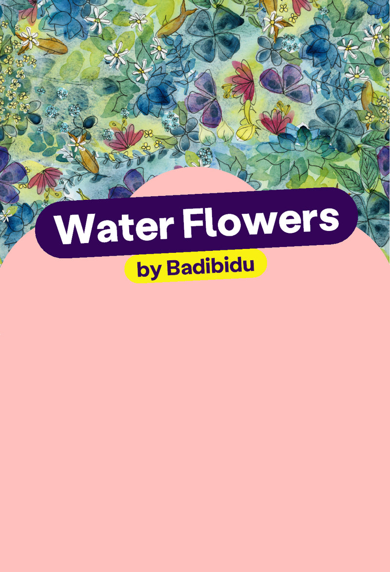 A light pink banner. It features an illustration of a green and blue pond with pink and purple flowers and orange fish. The title reads: 'Water Flowers by Badibidu'.