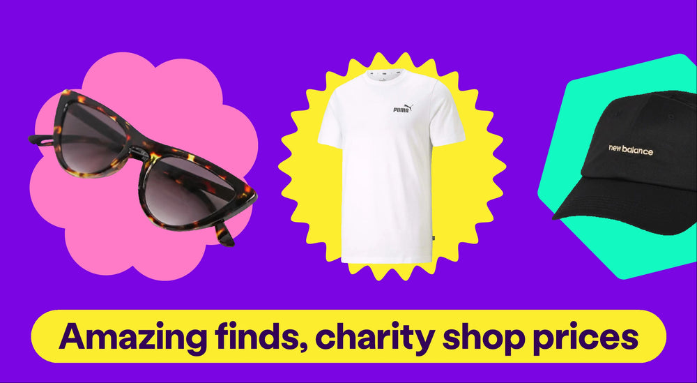 Promotional banner with sunglasses, t-shirt, and cap on a purple background with text 'Amazing finds, charity shop prices'.