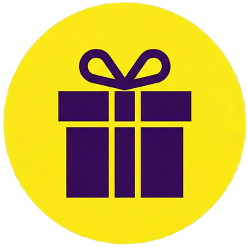 Purple gift box with a bow on a yellow circle against a transparent background