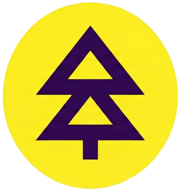 Yellow circle with a purple triangle symbol on a white background