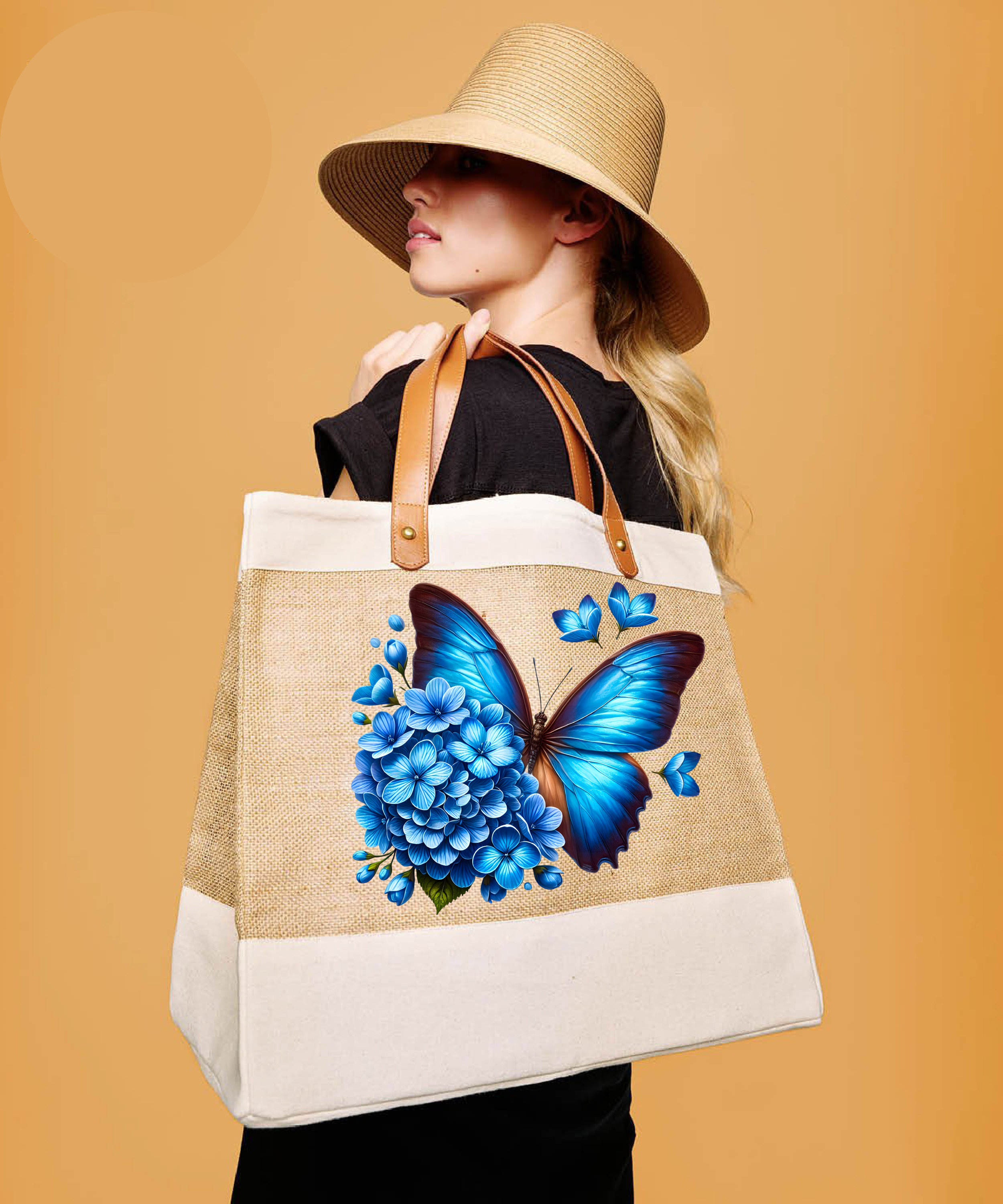 Blue Butterfly Luxury Jute Tote Bag