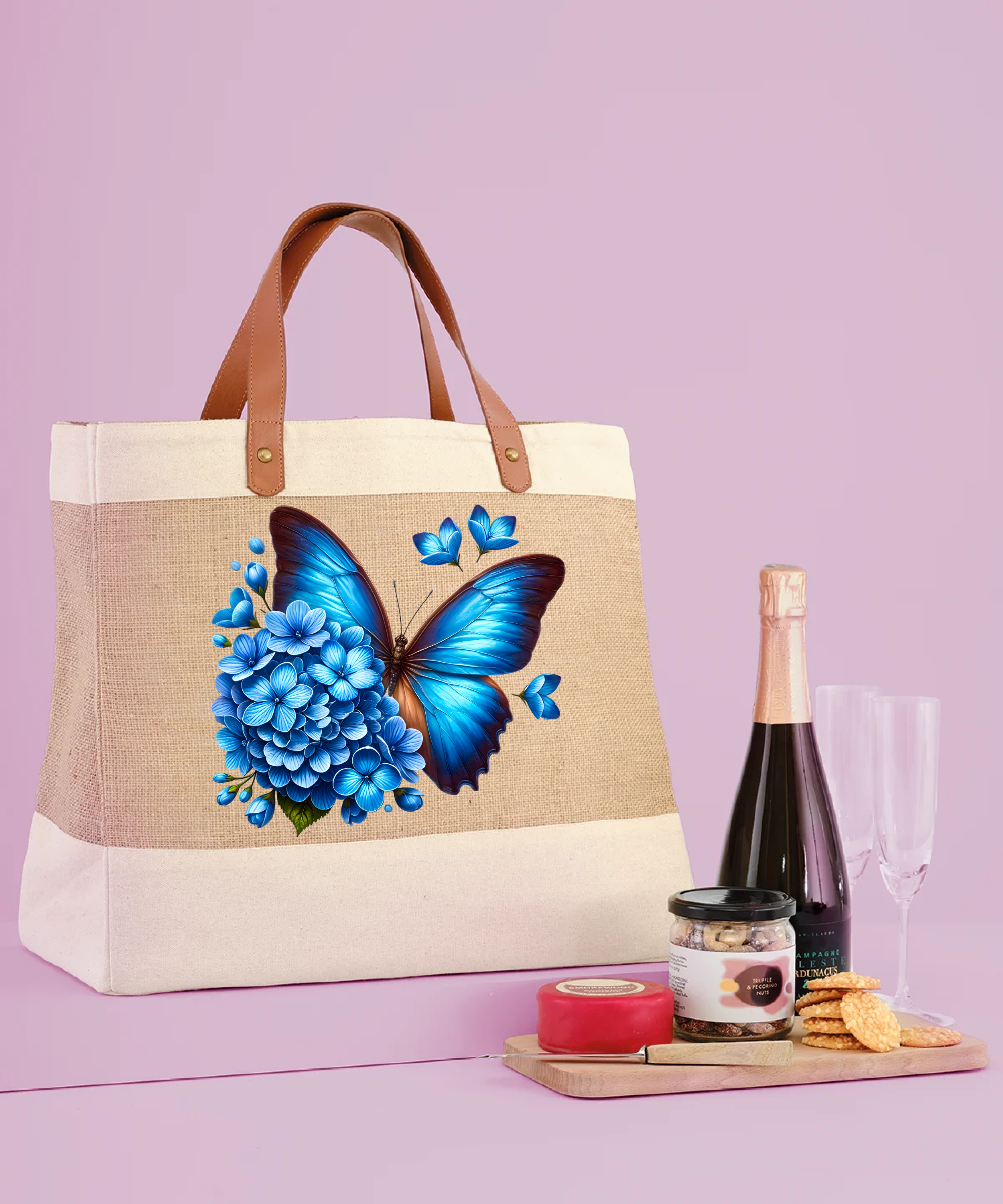 Blue Butterfly Luxury Jute Tote Bag