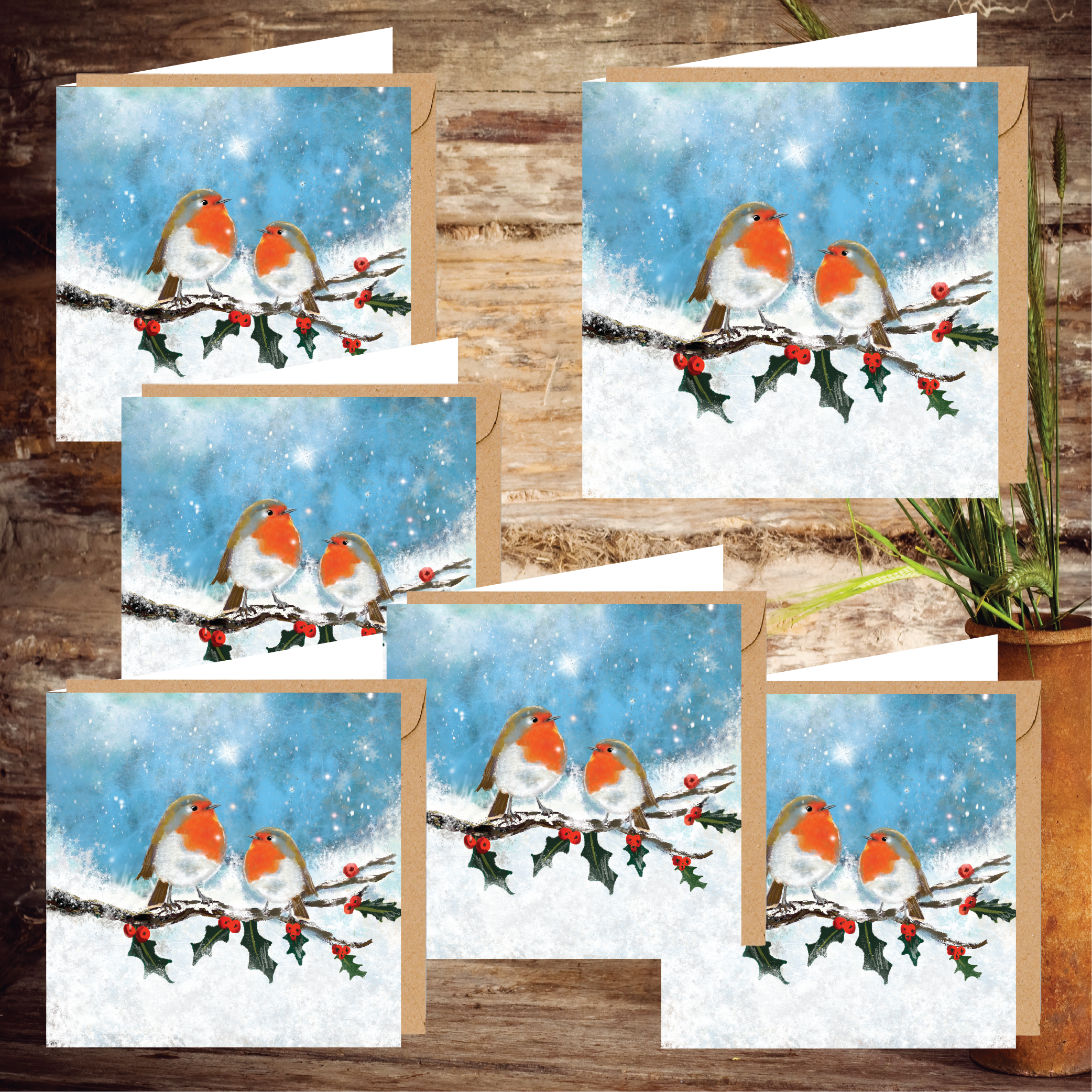 Red Robin on a Holly Branch Set of 6 Notecards