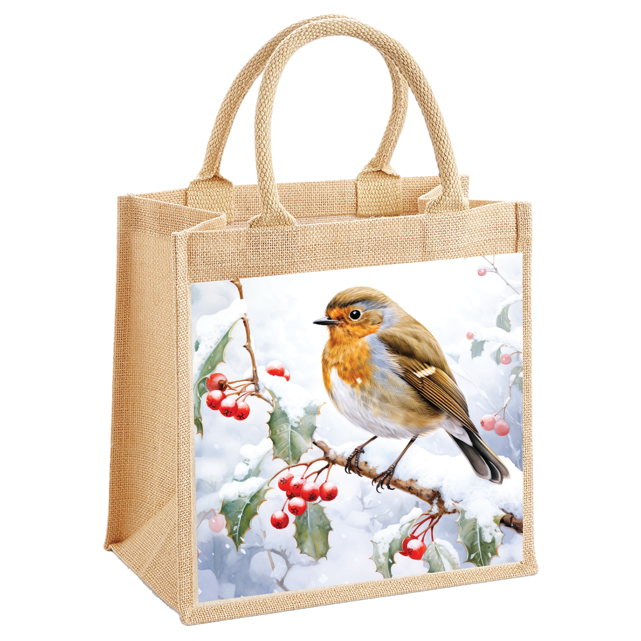 Robin in the Snow on a Branch Jute Shopping Bag