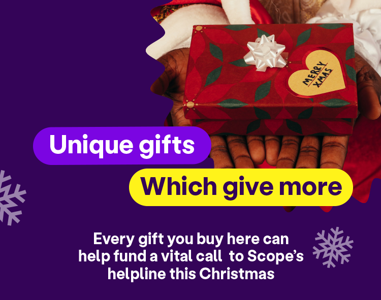 Advertisement for unique gifts with a purple background and text about supporting Scope's helpline.