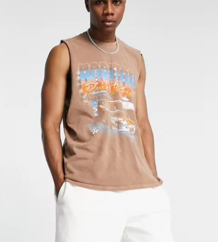 TOPMAN Graphic Print Sleeveless Tee L Mocha Brown