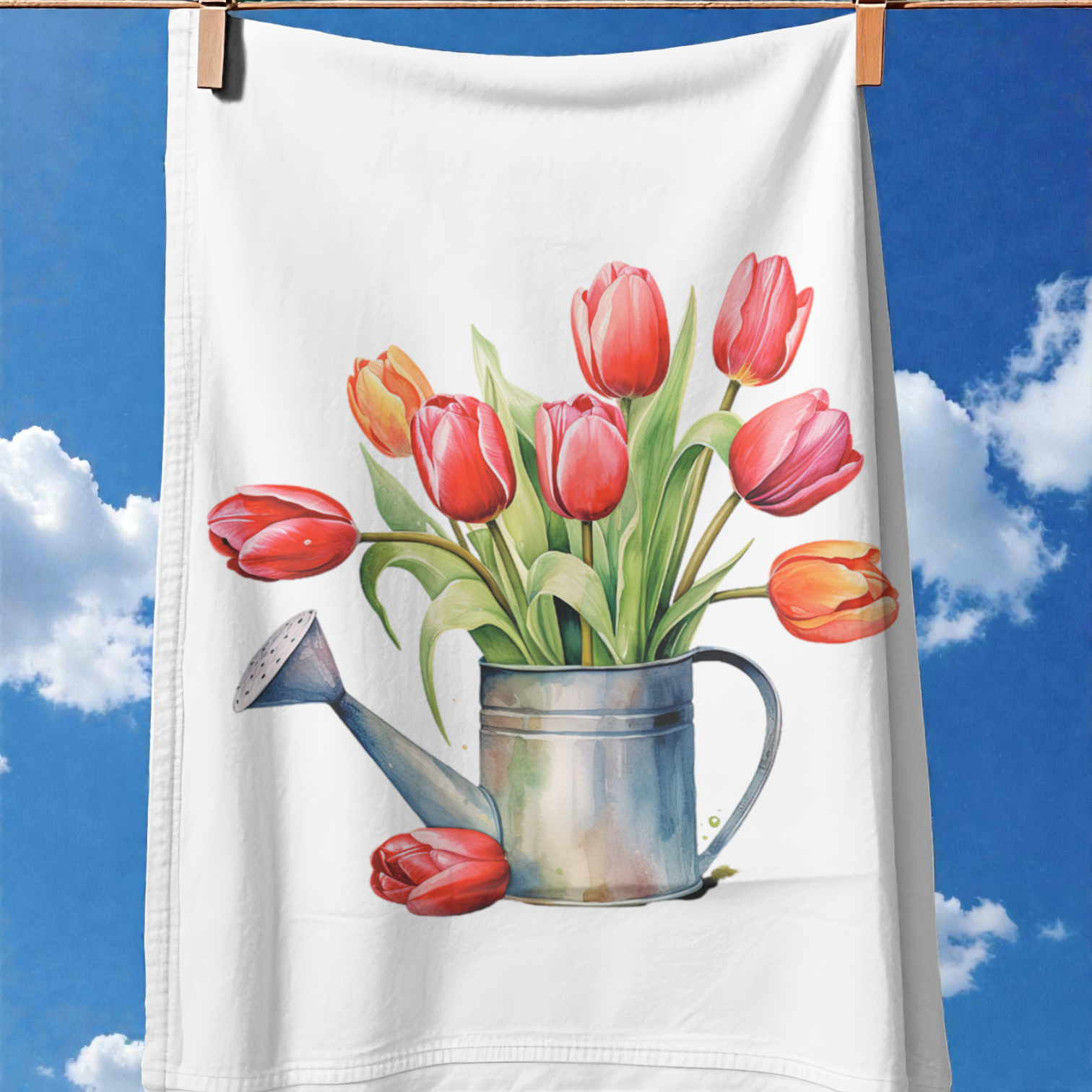 Tulips on a Watering Can Tea Towel