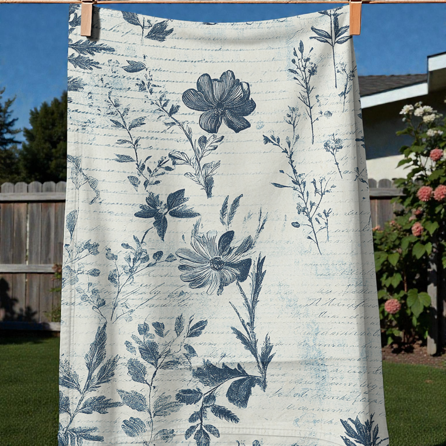 Blue Pressed Flowers Tea Towel