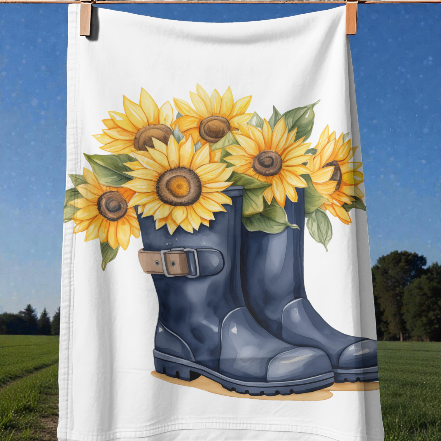 Sunflowers in Welly Boots Tea Towel
