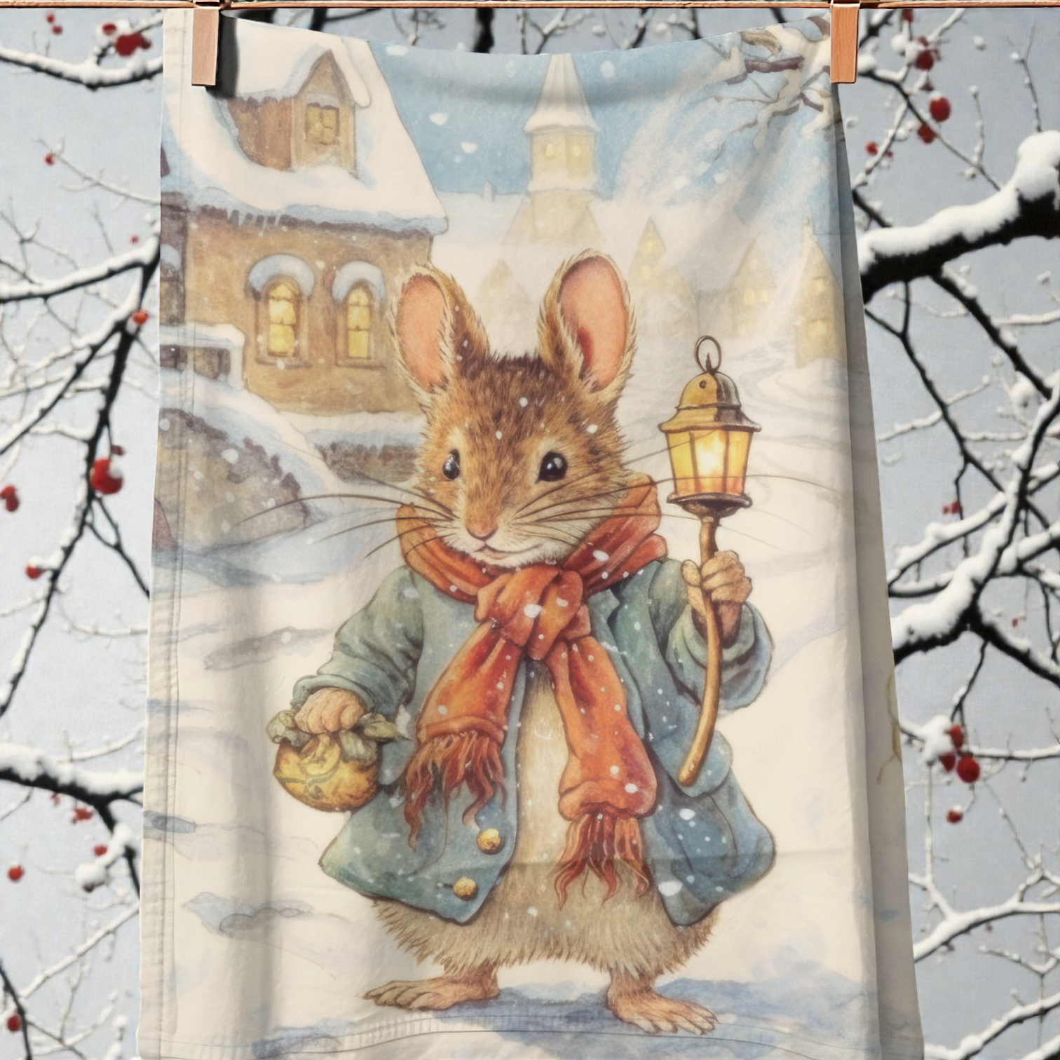 Christmas Mouse with Lantern Tea Towel