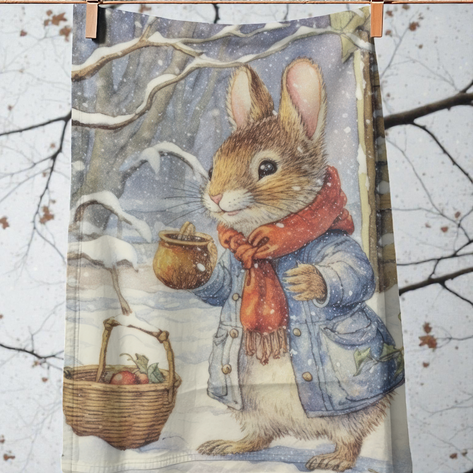 Christmas Mouse in a wintery forest Tea Towel